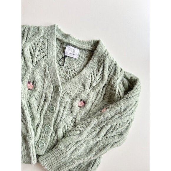 Girls' ZARA Light Green Cable Knit Embroidered Cardigan Sweater, Size 11-12 - Picture 2 of 8